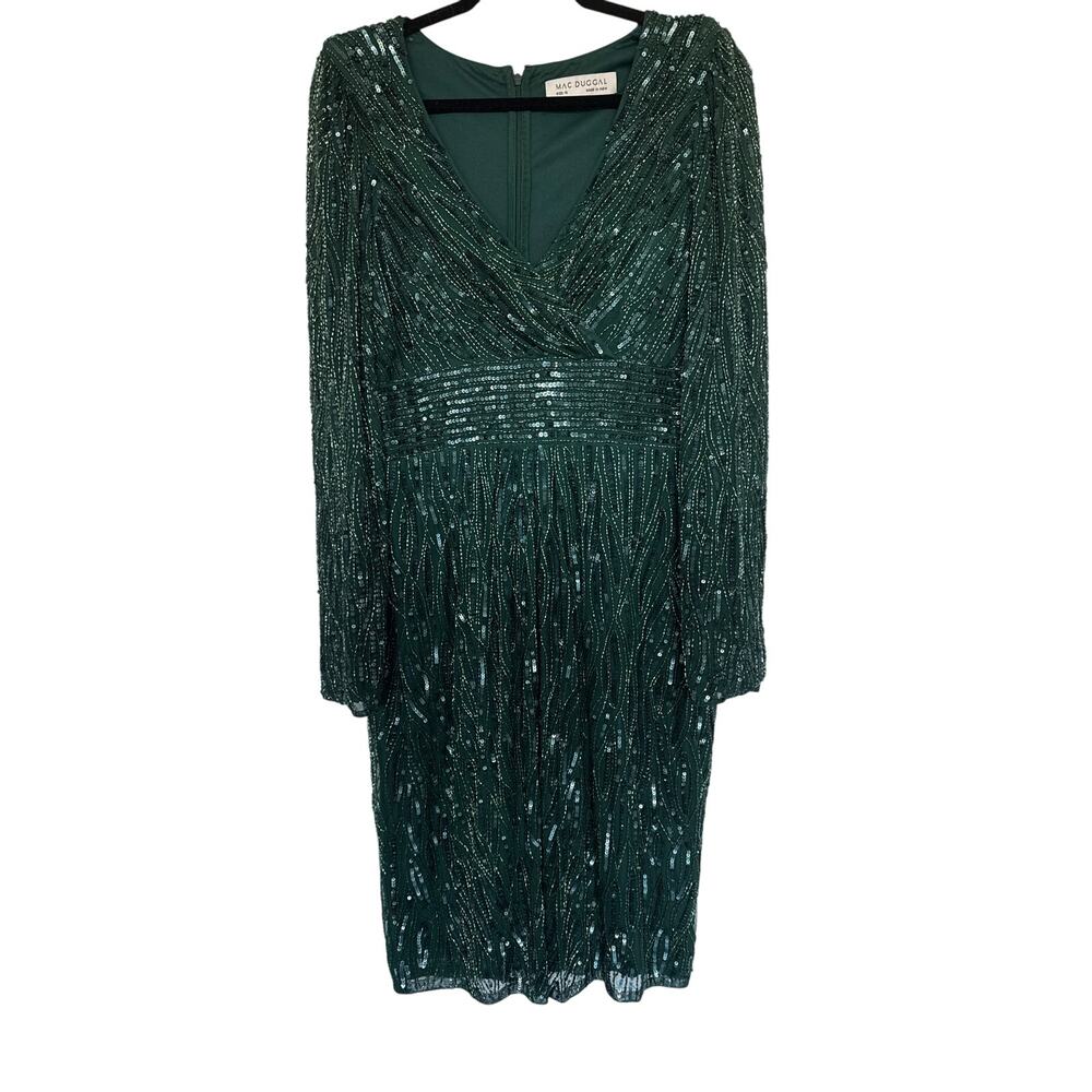 NWT Mac Duggal Green Long Sleeve Embellished Sequin Cocktail Dress, 10